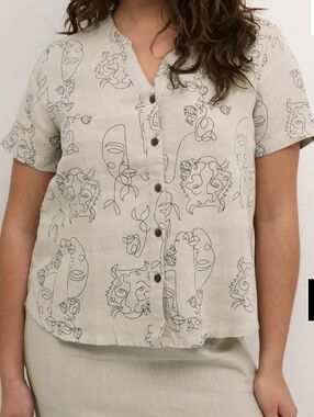 CREAM CR BELLIS FACE PRINT NATURE LINEN TOP SZ L/XL